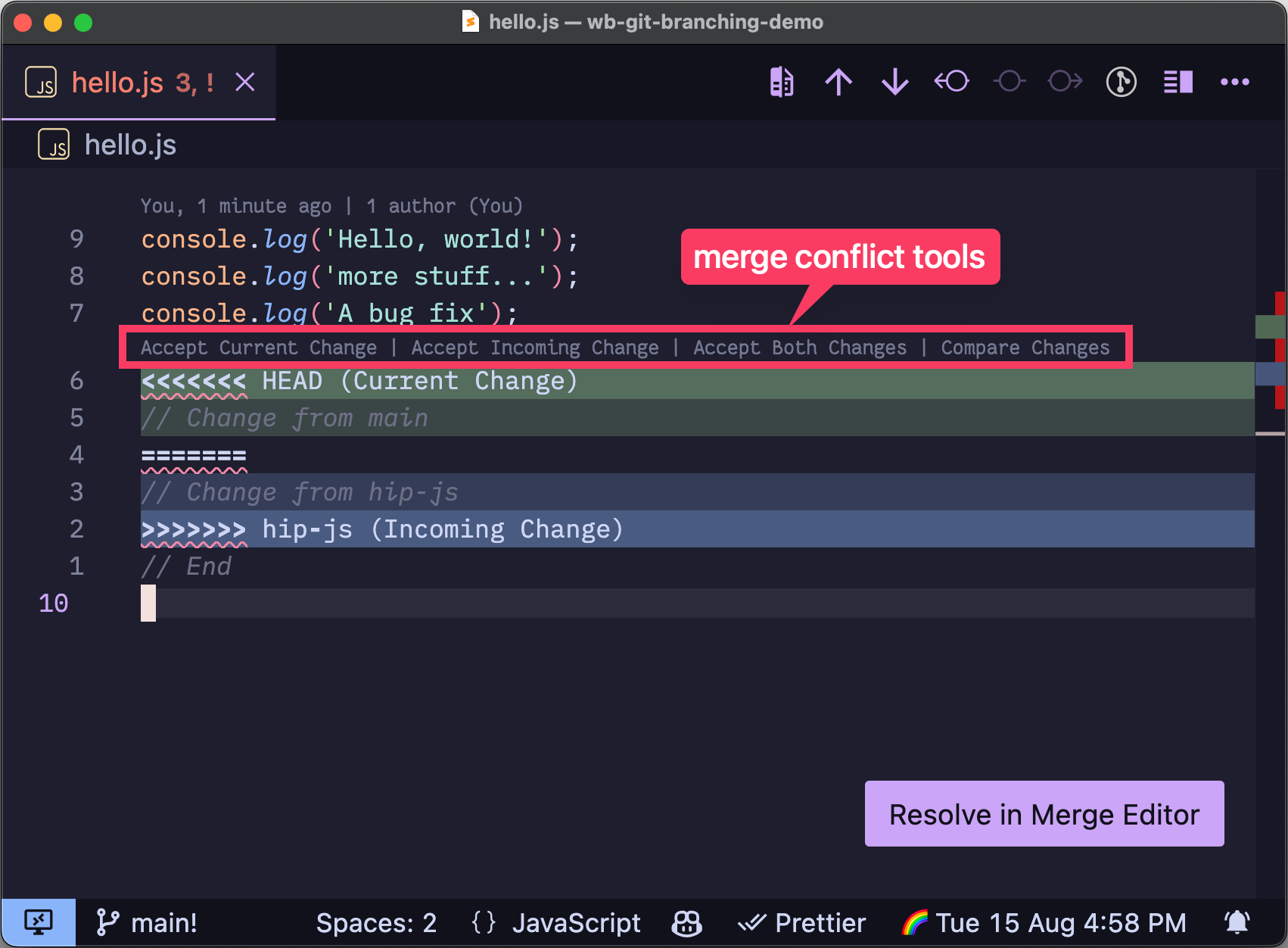 Screenshot of VS Code's merge conflict tools